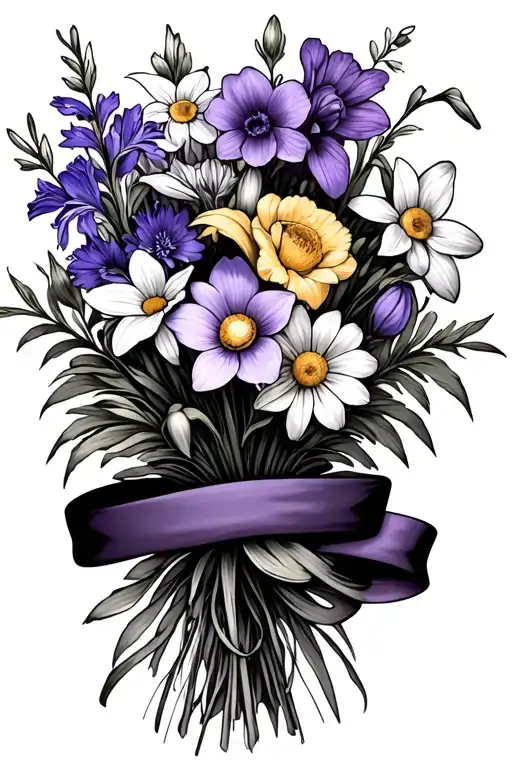 a bouquet of flowers with violet, larkspur, daffodil. snowdrop, Gladiolus, daisy, and ribbon around the middle of bouque tattoo design idea