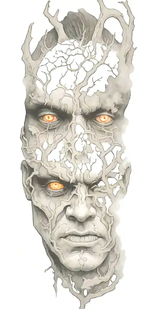 foggy forest with a demon hiding facial features tattoo design idea