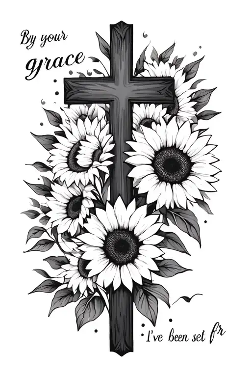 "By your grace I’ve been set fr" feminine and dainty cross with sunflowers  tattoo design idea