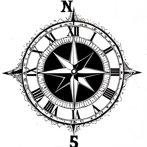 compass with the directions s t a y withtin the compass a clock with roman numerals pointing to the time 5 minutes to 12 tattoo design idea