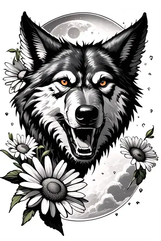 jet soaring, werewolf, moon, daisies floating tattoo design idea
