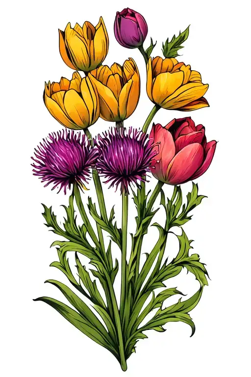 scottish thistles entwined with dutch tulips tattoo design idea