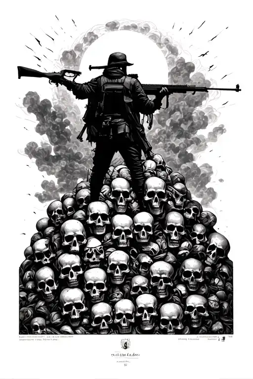 A mountain of skulls from the painting “The Apotheosis of War” and on it stands the silhouette of a man with a rifle tattoo design idea