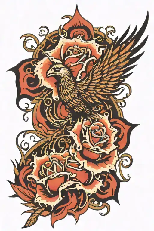 phoenix rising from a spark of flame rose with thorns tattoo design idea