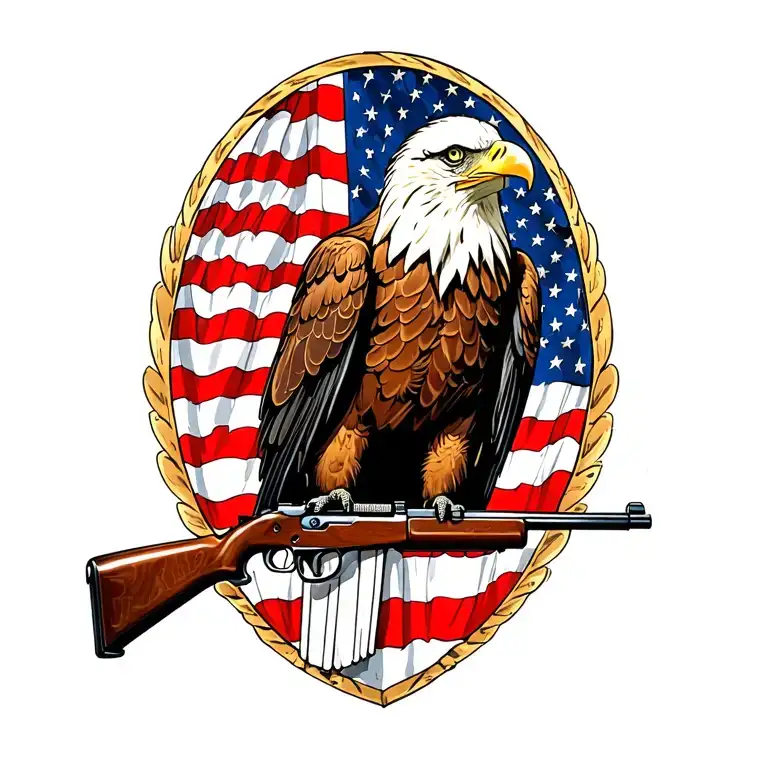 A patriotic bald eagle perched on a rifle with an American flag in the background tattoo design idea