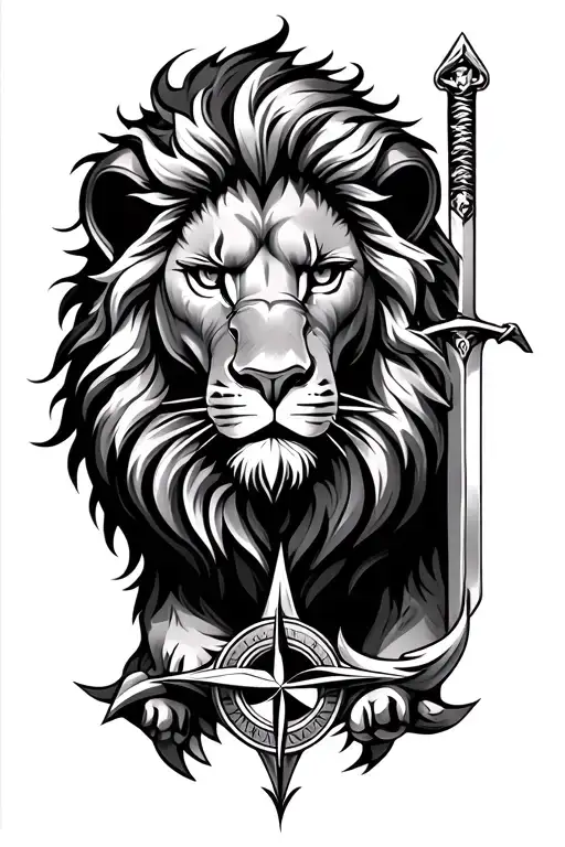 lion with sword and compass tattoo design idea