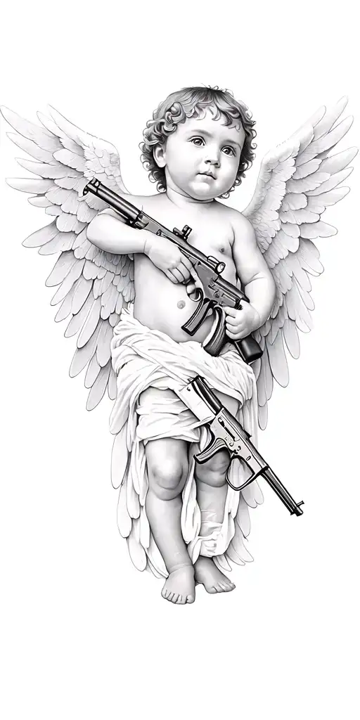baby angel with wings wrapped while holding AK-47  guns   tattoo design idea