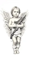 baby angel with wings wrapped while holding AK-47  guns   tattoo design idea