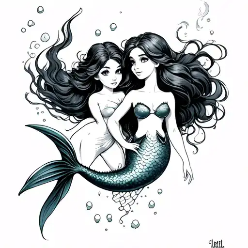  little mermaid swimming together tattoo design idea