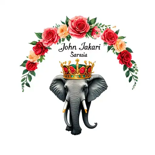 "John Jakari Serene Saraia" names with top of elephant head with rose crown surrounded tattoo design idea