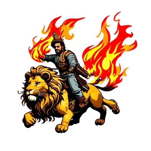 worrior riding lion fire  tattoo design idea