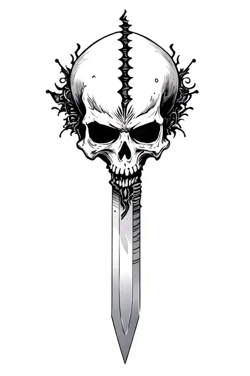 serrated blade, skull head, massacre, sejmitar tattoo design idea