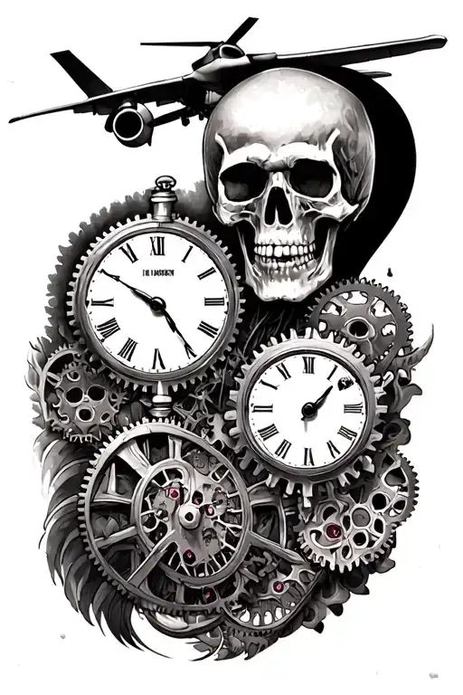 sleeve tattoo, skeleton, time piece showing gears, paratrooper scene, good vs evil theme, C130  tattoo design idea