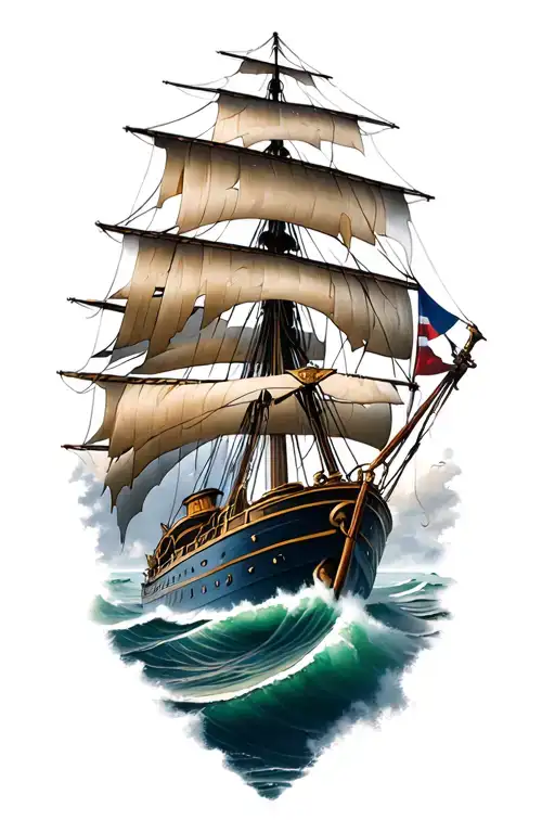 on the top a captain on the steering weal of the ship. bellow the captain, a sailing ship on harsh weather tattoo design idea