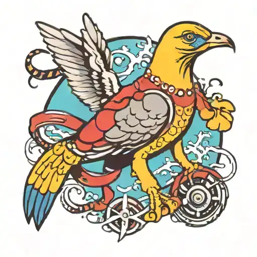 colorful beach tattoo with pigeon, crab, and rollerblades tattoo design idea