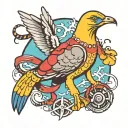 colorful beach tattoo with pigeon, crab, and rollerblades tattoo design idea