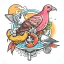 colorful beach tattoo with pigeon, crab, and rollerblades tattoo design idea