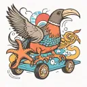 colorful beach tattoo with pigeon, crab, and rollerblades tattoo design idea