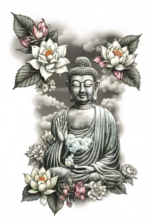 Buddha with Louth's flowers and cloud background tattoo design idea