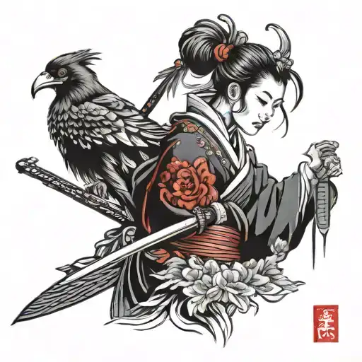 a demonic female ronin samurai with a crow on her shoulder tattoo design idea
