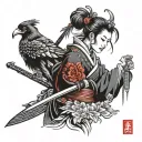 a demonic female ronin samurai with a crow on her shoulder tattoo design idea