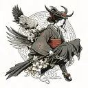 a demonic female ronin samurai with a crow on her shoulder tattoo design idea