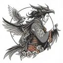 a demonic female ronin samurai with a crow on her shoulder tattoo design idea