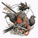 a demonic female ronin samurai with a crow on her shoulder tattoo design idea