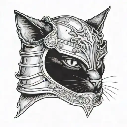 portrait of dark black cat head with knight helmet and armor on tattoo design idea
