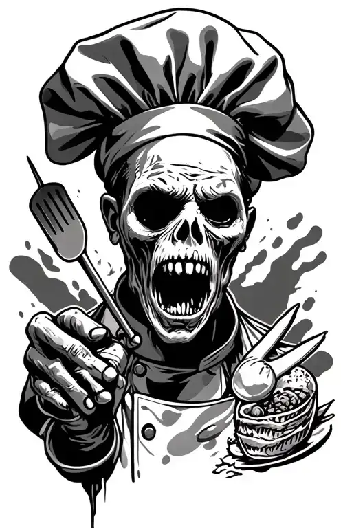 chef zombie apocalyptic scene with elements tattoo design idea