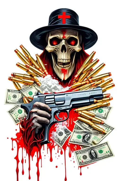 grimm reaper,blood,money,bullets,golden gun,cocaine,cross tattoo design idea