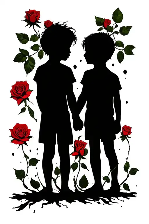 rose intertwined dad two sons silhouette holding hands  tattoo design idea