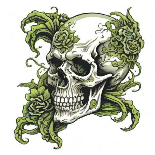 Skull with moss drapes tattoo design idea
