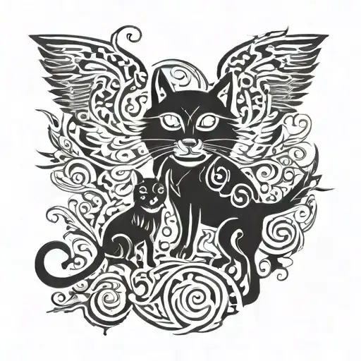 Silhouette of a dog and a cat surrounded by wings tattoo design idea