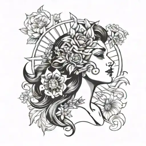 sun, flowers, spring, lady head profile holding tattoo design idea