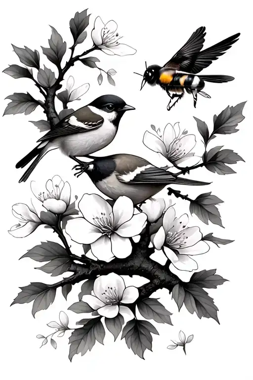 Cherry blossom with a sparrow and bumble bee and a fantail in flight tattoo design idea