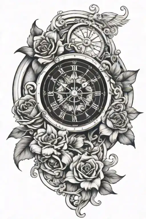 astronomical clock with a flower intertwined tattoo design idea