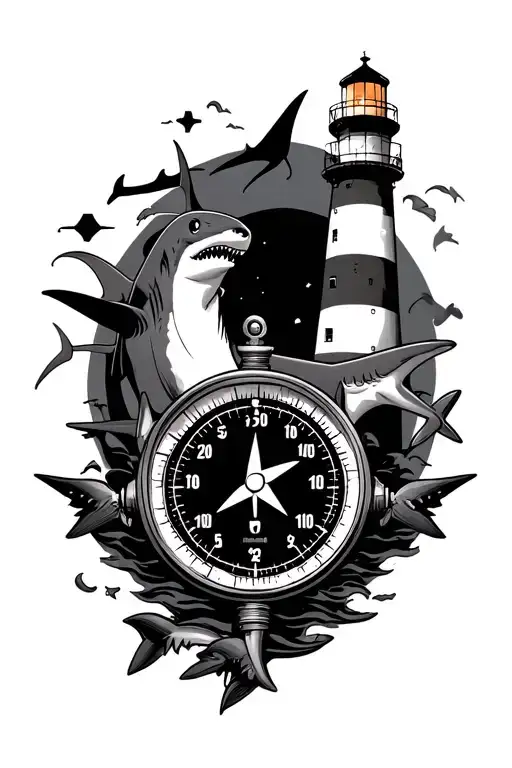 Pressure Gauge Nautical Star Lighthouse and Sharks in background tattoo design idea