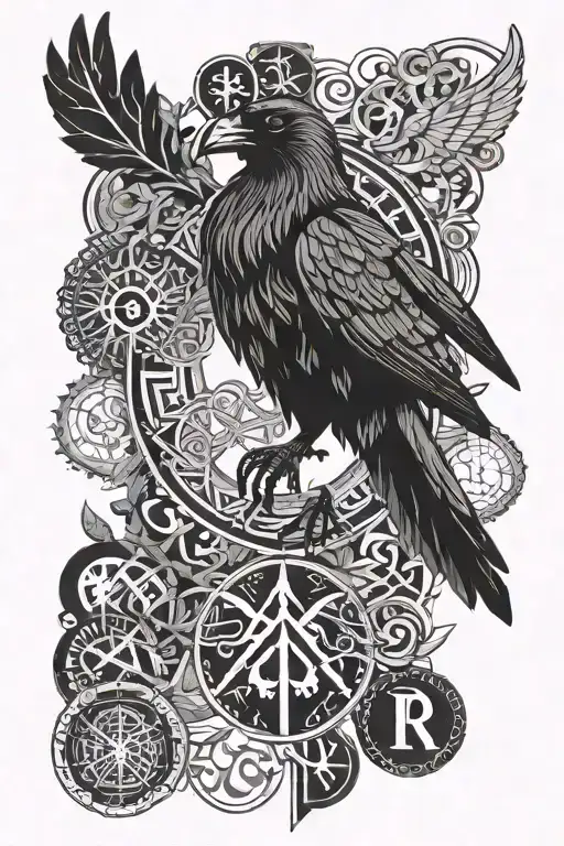 Design a Nordic-style tattoo with a raven above the Gemini sign, surrounded by Nordic runes. Incorporate nature elements tattoo design idea