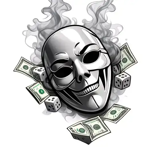 mask with smoke around it and money and dice with life is a gamble  tattoo design idea
