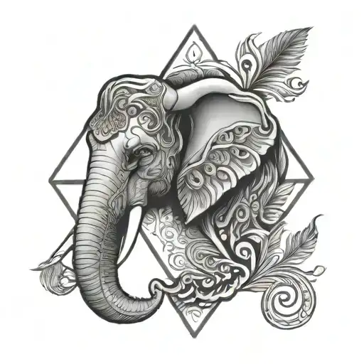 elephant head and peacock feather with a triangle  tattoo design idea