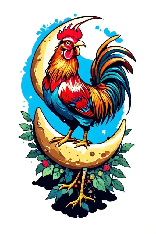 cool rooster on the moon tattoo design idea
