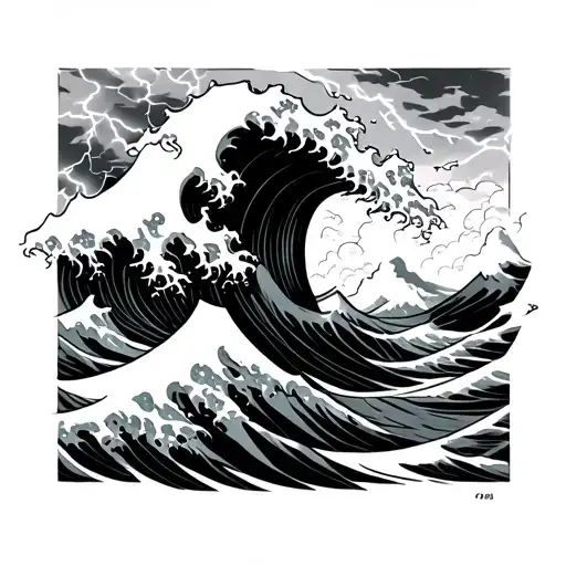 The Edmund Fitzgerald is going through  Japanese big wave with lightning bolts in sky tattoo design idea