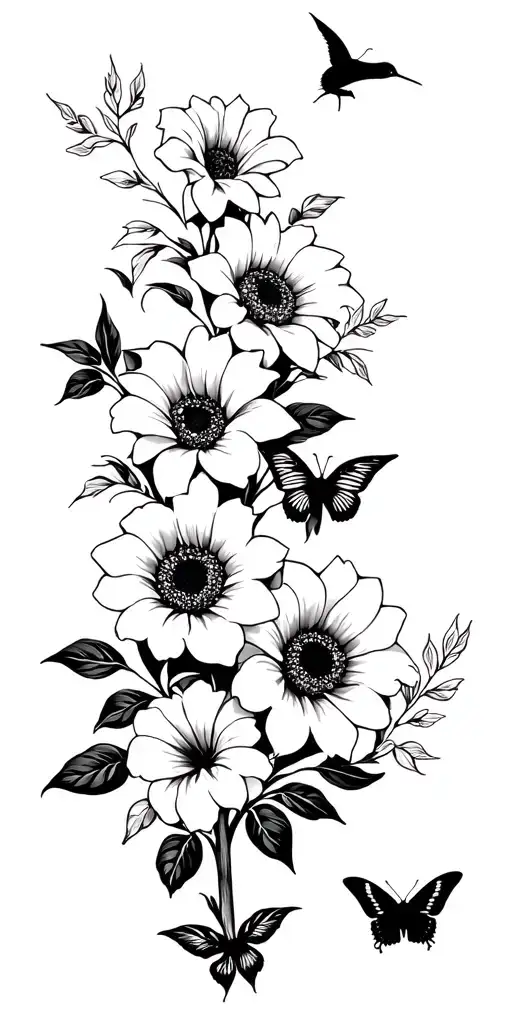 Roses, sunflowers, hibiscus, lilies, hydrangeas, butterflies, and hummingbirds  tattoo design idea