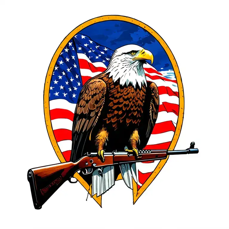 A patriotic bald eagle perched on a rifle with an American flag in the background tattoo design idea