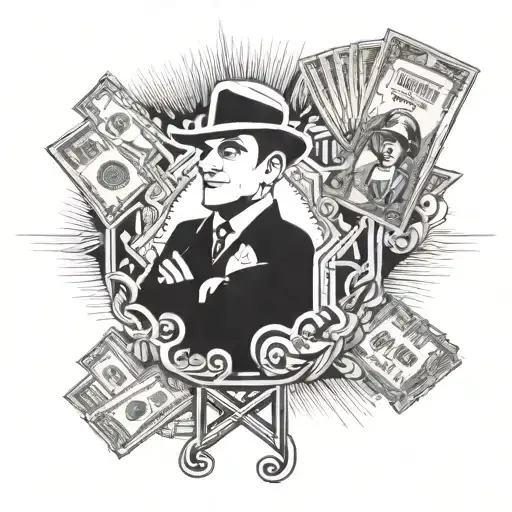 al capone, las vegas sign, cash and roulette tattoo design idea