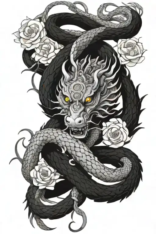 feminine detailed with snakes long Chinese dragon wrapped in flowers and chains tattoo design idea