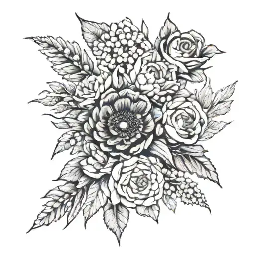 sunflower + wheat + snapdragon flowers + roses + hydrangeas + purslane flowers + peonies tattoo design idea