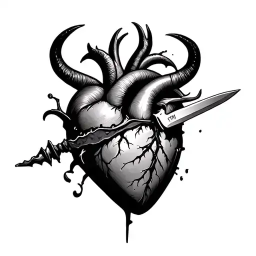 a heart with demon horns that has been stabbed with a knife going thru the middle  tattoo design idea
