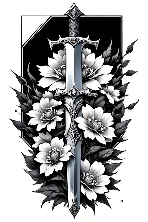 theoden's sword chipped, wrapped in Simbelmynë flowers tattoo design idea